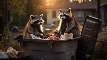 Wall Mural - Two adorable raccoons with furry paws and mischievous eyes peer into a trash can in a suburban backyard.