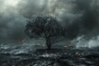 The ashen tree stands amidst a haze of smoke, its darkened backdrop a stark reminder of smoking's environmental impact.