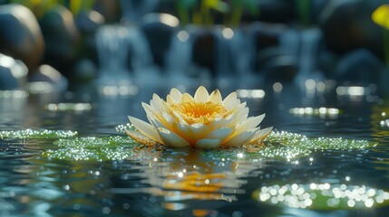 Poster -   A yellow water lily floats atop a body of water, its underside speckled with droplets