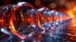   A tight shot of a glass item on a reflective surface, surrounded by a blurred background, with lights creating a bokeh effect in the background