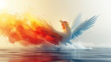   A Bird Flies Above A Body Of Water, Emitting Copious Amounts Of Orange And Yellow Smoke From Its Wings