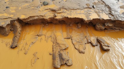 Sticker -   A tight shot of mud and stones in a muddied region, with water emerging from the rocks' summit