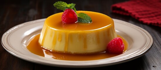 Sticker - A white plate showcasing a delicious flan dessert topped with raspberries, a perfect combination of baked goods and fresh produce as a garnish