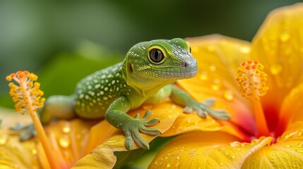   A green gecko perches atop a sun-yellow flower, its back legs dotted with water droplets