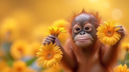   A baby orangeutan holding two yellow flowers in front of its face, gazing at the camera