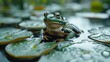   A frog seated atop a lily pad overhanging a still body of water, beaded with droplets