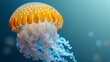   A tight shot of a jellyfish submerged in water, featuring bubbles at its base