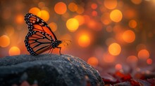   A Butterfly Atop A Rock Against An Orangered Background Of Foreground Leaves With Indistinct Edges