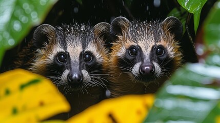   A couple of raccoons stand next to each other on a lush, green forest floor covered in leaves The scene is set in the rain