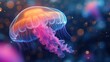   A tight shot of a jellyfish against a backdrop of blue and pink Background features softly focused lights