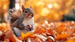   A squirrel consumes an acorn atop a mound of leaves in the sun-lit park, trees transmitting sunlight
