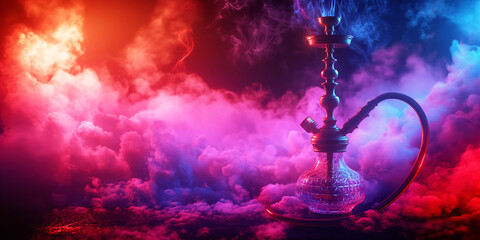 Wall Mural - smoky hookah on a dark background of shisha smoke with colored neon blue red light