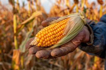 A farmer holds a ripe ear of corn, farming concept