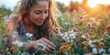 Young woman collects and dries medicinal herbs and flowers on nature sunny background. Herbal alternative medicine for holistic healing, healthy lifestyle concept. Generative ai