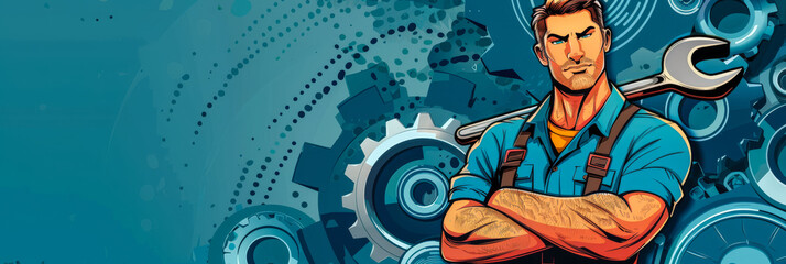 Confident mechanic in retro vintage comic art style