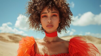 Wall Mural - an afro woman wearing a dress dress posing in the desert