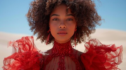 Wall Mural - an afro woman wearing a dress dress posing in the desert