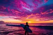 A surfer gazes at a stunning ocean sunset, holding a surfboard, ready to embrace the waves