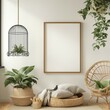 Poster frame mockup, plants and birdcage, home interior, white wall background, 3D rendering