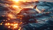   A dolphin swims in a body of water with the sun shining on its dorsal fin Its head occasionally breaks the surface