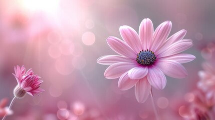   A tight shot of a pink bloom against a softly blurred background, featuring an indistinct flowery silhouette behind