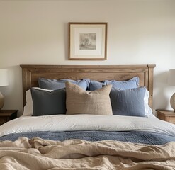 Sticker - Minimalist bedroom with simple frame with white matting and an earthy coloured print above the bed