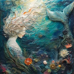 Wall Mural -  long hair flowing with wind, encircled by seaweed and corals