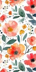 Warm Watercolour Flowers in Spring Pattern l Beautiful Floral Summer colour design art wallpaper l Cute Simple Flower with leaf in white background l Vintage drawing set