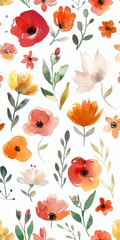 Warm Watercolour Flowers in Spring Seamless Pattern l Beautiful Floral Summer colour design art wallpaper l Cute Simple Flower with leaf in white background l Vintage drawing set