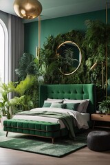 Wall Mural - Modern bedroom with a king bed. Luxury bedroom with a green bed, plants, lamp, carpet, poster with jungle landscape with birds and animals.