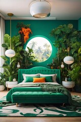 Wall Mural - Modern bedroom with a king bed. Luxury bedroom with a green bed, plants, lamp, carpet, poster with jungle landscape with birds and animals.