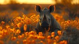 Fototapeta  -   A tight shot of a rhino resting in a flower-filled meadow, its head angled towards the side