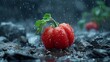   A few tomatoes perch atop a rocky mound beneath a rain-drenched sky, dripped upon by watery cascades