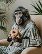 © jeepbabes - affe, bagel, donut, essen, sessel, bohostyle, sitzend, Wohnzimmer, Schlafanzug, tier, neu, modern, braun, grün, spaßig, gestreift,