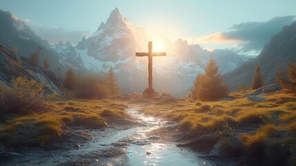 Wall Mural -   A cross atop a solitary peak, midstream a flowing waterway lies, behind, an expansive mountain range