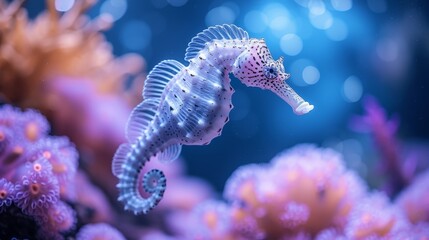 Wall Mural -   A tight shot of a seahorse among corals, with corals populating the background