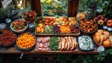 Fototapeta  -   A wooden table laden with various fruits and vegetables