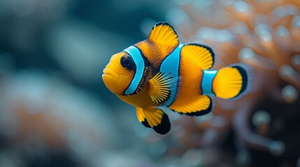 Wall Mural -   A tight shot of a clownfish amidst vibrant corals against a backdrop of more corals, with crystal-clear water in the foreground