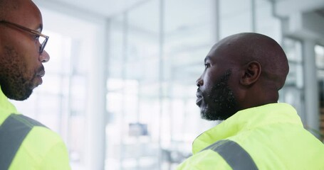 Poster - Industrial, men and colleagues in discussion, planning and brainstorming with collaboration. Engineer, black people and employees with ideas for construction, workplace and working with teamwork