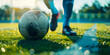 soccer player running for the foot ball at soccer field, closeup on ball, sport background, banner, template, copy space area, world cup