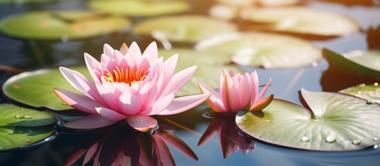 Sticker - Two pink lotus flowers are gracefully floating on the surface of a pond, showcasing their delicate petals and vibrant colors