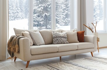 Wall Mural - Beige sofa with wooden legs and light colored cushions in a modern living room near a window with winter trees outside