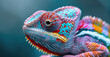 A colorful chameleon with vibrant scales in closeup shot against an abstract background of ocean waves. Created with Ai