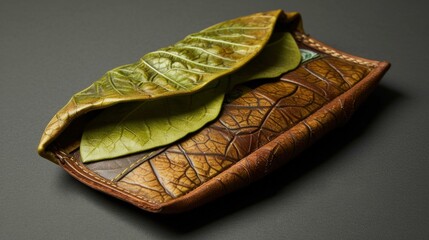 Wall Mural - A close up of a leather wallet with leaves on it. Generative AI.