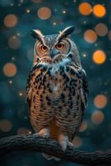 Canvas Print - An owl sitting on a branch with orange eyes and bokeh lights. Generative AI.