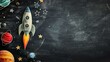 A rocket ship flying in space with stars and planets painted on the background of a black blackboard in the style of a color sketch, with an empty copy space