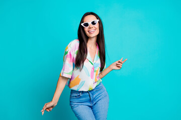 Sticker - Photo of lovely cheerful funky woman wear stylish print clothes have fun night club isolated on cyan color background