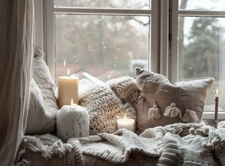 Wall Mural - Cozy window seat with blanket and candles, natural light from outside, beige tones. Cozy winter atmosphere