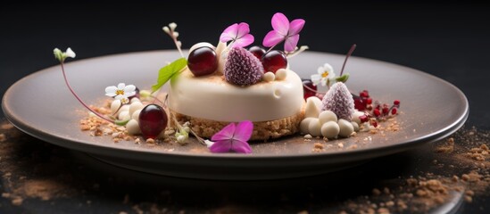 Canvas Print - A white plate with a delicious dessert and magenta flowers displayed elegantly on a table. Perfect for a special event or gathering