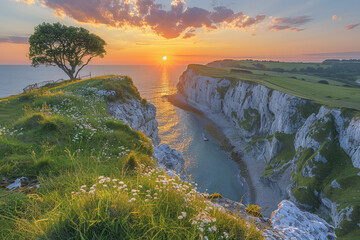 Wall Mural - A stunning sunset over the white cliffs of dover, with lush greenery and wildflowers on one side overlooking calm blue waters. Created with Ai